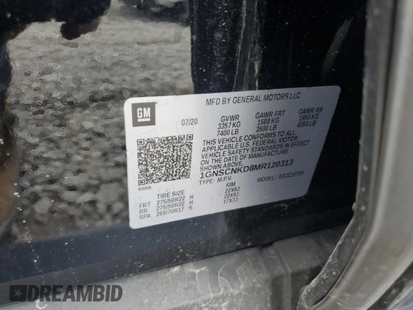 2021 Chevrolet Tahoe LT with VIN 1GNSCNKD8MR120313, listed as a Copart auction lot 52755135 with 125,039 mi miles and Clean title. Bid and sale history available at DreamBid. Image 13.