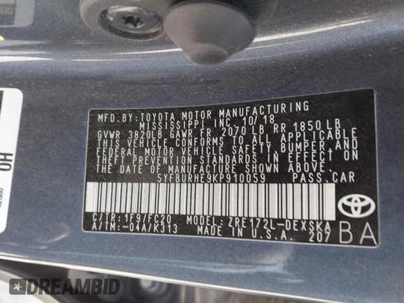 2019 Toyota Corolla L with VIN 5YFBURHE9KP910059, listed as a IAAI auction lot 41856905 with 104,096 mi miles and . Bid and sale history available at DreamBid. Image 9.