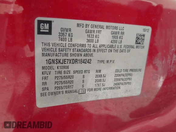 2013 Chevrolet Suburban LT with VIN 1GNSKJE7XDR184242, listed as a IAAI auction lot 42736924 with 217,906 mi miles and . Bid and sale history available at DreamBid. Image 9.