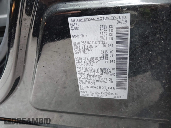 2019 Nissan Pathfinder Platinum with VIN 5N1DR2MM9KC627146, listed as a IAAI auction lot 42443000 with 100,762 mi miles and . Bid and sale history available at DreamBid. Image 9.
