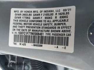 2021 Honda Civic Sedan EX-L with VIN 19XFC1F77ME008461, listed as a IAAI auction lot 41920231 with 31,912 mi miles. Bid and sale history available at carsss.com. Image 9.