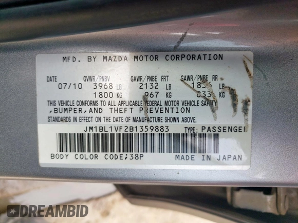 2011 Mazda 3 i Touring with VIN JM1BL1VF2B1359883, listed as a Copart auction lot 54989825 with 205,014 mi miles and Clean Title. Bid and sale history available at DreamBid. Image 12.