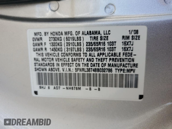 2008 Honda Odyssey EX-L z VIN 5FNRL38748B032786, wystawiony jako Copart lot #57502945 z przebiegiem 184 324 mil mil oraz Szkoda całkowita • Salvage title. Historia ofert i sprzedaży dostępna na DreamBid. Obrazek 14.