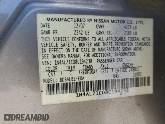 2008 Nissan Altima 2.5 S with VIN 1N4AL21E08C194238, listed as a Copart auction lot 53783165 with 249,243 mi miles and Salvage Title. Bid and sale history available at carsss.com. Image 12.