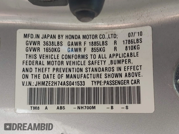2010 Honda Insight EX with VIN JHMZE2H74AS041533, listed as a IAAI auction lot 42675766 with 203,357 mi miles and . Bid and sale history available at DreamBid. Image 9.