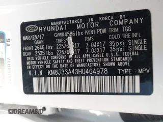 2017 Hyundai Tucson SE with VIN KM8J33A43HU464978, listed as a IAAI auction lot 41655832 with 135,359 mi miles. Bid and sale history available at carsss.com. Image 9.