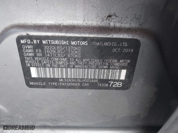 2020 Mitsubishi Mirage ES with VIN ML32A3HJ9LH002486, listed as a IAAI auction lot 41726837 with 48,154 mi miles. Bid and sale history available at carsss.com. Image 9.