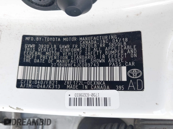 2018 Toyota Corolla L with VIN 2T1BURHE4JC089743, listed as a IAAI auction lot 42507107 with 140,742 mi miles and . Bid and sale history available at DreamBid. Image 9.