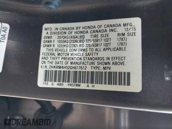 2016 Honda CR-V EX with VIN 2HKRM4H52GH617612, listed as a IAAI auction lot 41828185 with 151,716 mi miles and . Bid and sale history available at DreamBid. Image 9.