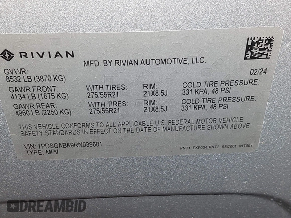 2024 Rivian R1S Adventure with VIN 7PDSGABA9RN039601, listed as a IAAI auction lot 40862472 with 6,186 mi miles. Bid and sale history available at carsss.com. Image 9.