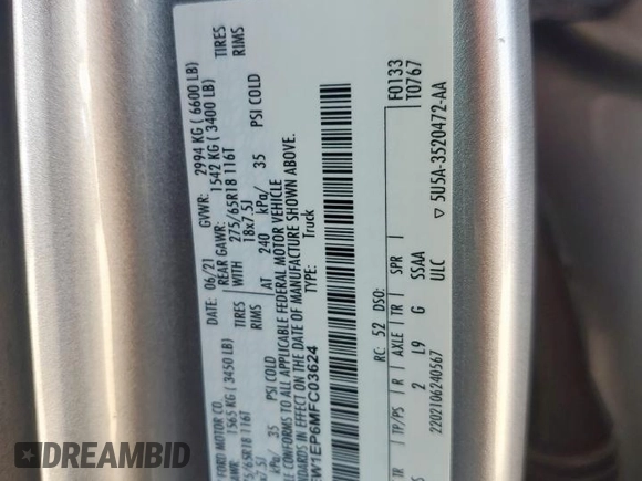 2021 Ford F-150 XL с VIN 1FTEW1EP6MFC03624, выставлен на аукционе Copart как лот 55140325 с пробегом 160 080 миль миль и Чистый • Clean title. История ставок и продаж доступна на DreamBid. Изображение 12.