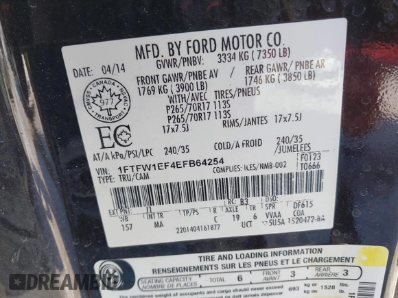2014 Ford F-150 XL with VIN 1FTFW1EF4EFB64254, listed as a IAAI auction lot 41396483 with 145,134 mi miles and . Bid and sale history available at carsss.com. Image 9.