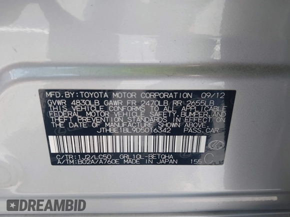2013 Lexus GS 350 with VIN JTHBE1BL9D5016342, listed as a IAAI auction lot 42105098 with 68,514 mi miles. Bid and sale history available at carsss.com. Image 9.