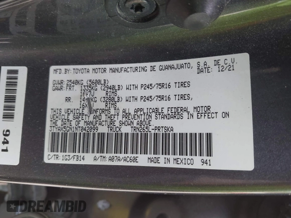 2022 Toyota Tacoma SR with VIN 3TYAX5GN1NT042099, listed as a IAAI auction lot 42081791 with 38,621 mi miles and . Bid and sale history available at DreamBid. Image 9.