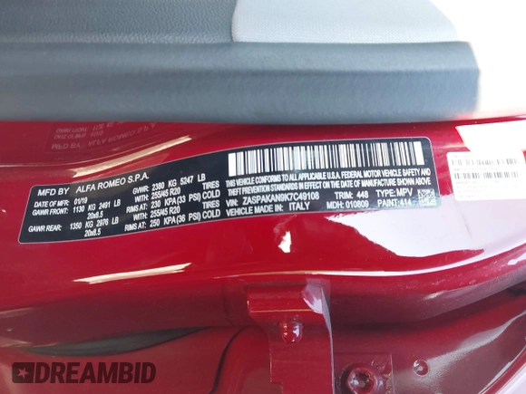 2019 Alfa Romeo Stelvio z VIN ZASPAKAN9K7C49108, wystawiony jako IAAI lot #41365234 z przebiegiem 53 196 mil mil oraz . Historia ofert i sprzedaży dostępna na DreamBid. Obrazek 9.
