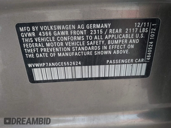 2012 Volkswagen CC Lux PZEV with VIN WVWHP7AN0CE552624, listed as a IAAI auction lot 42134600 with 122,543 mi miles. Bid and sale history available at carsss.com. Image 9.