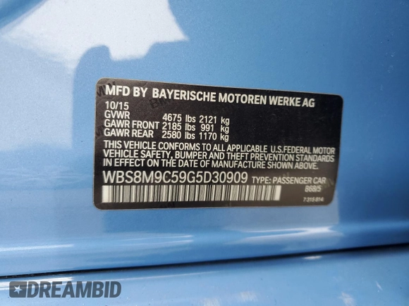 2016 BMW M3 with VIN WBS8M9C59G5D30909, listed as a Copart auction lot 45460425 with Not provided miles and Salvage title. Bid and sale history available at DreamBid. Image 15.