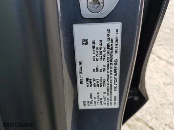 2023 Tesla Model 3 with VIN 5YJ3E1EA8PF610083, listed as a Copart auction lot 50982545 with 43,461 mi miles and Salvage Title. Bid and sale history available at carsss.com. Image 13.