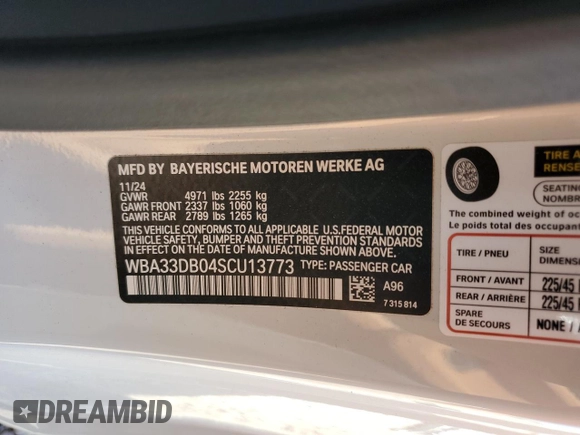 2025 BMW 4 Series 430i z VIN WBA33DB04SCU13773, wystawiony jako Copart lot #54585385 z przebiegiem Nie podano mil oraz Szkoda całkowita • Salvage title. Historia ofert i sprzedaży dostępna na DreamBid. Obrazek 13.