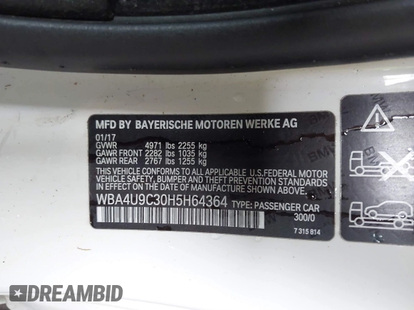 2017 BMW 4 Series 430i xDrive z VIN WBA4U9C30H5H64364, wystawiony jako IAAI lot #42502753 z przebiegiem 100 988 mil mil oraz . Historia ofert i sprzedaży dostępna na DreamBid. Obrazek 9.