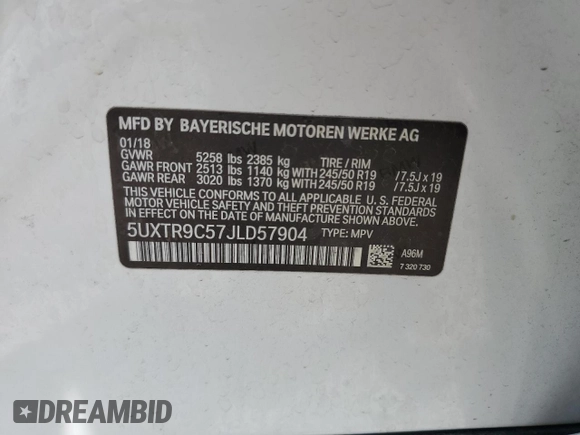 2018 BMW X3 xDrive30i with VIN 5UXTR9C57JLD57904, listed as a Copart auction lot 53699985 with 75,798 mi miles and Salvage Title. Bid and sale history available at DreamBid. Image 13.