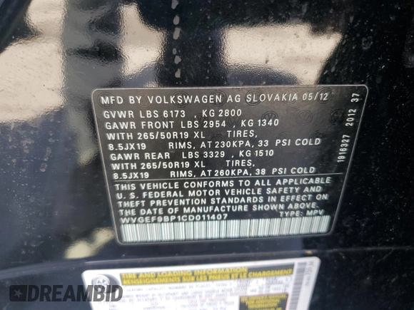 2012 Volkswagen Touareg Exec with VIN WVGEF9BP1CD011407, listed as a Copart auction lot 79199754 with 57,376 mi miles and Salvage Title. Bid and sale history available at DreamBid. Image 13.