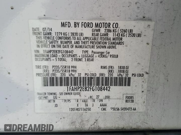 2015 Ford Taurus SEL z VIN 1FAHP2E82FG108442, wystawiony jako Copart lot #57790515 z przebiegiem 116 834 mil mil oraz Szkoda całkowita • Salvage title. Historia ofert i sprzedaży dostępna na DreamBid. Obrazek 12.