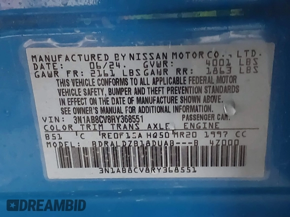 2024 Nissan Sentra SV with VIN 3N1AB8CV8RY368551, listed as a IAAI auction lot 42203248 with 13,380 mi miles and . Bid and sale history available at DreamBid. Image 9.