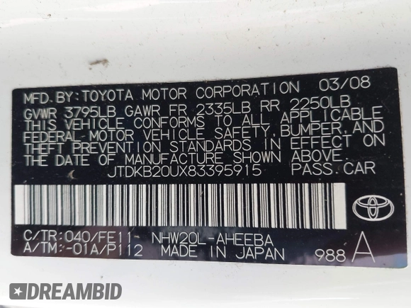 2008 Toyota Prius with VIN JTDKB20UX83395915, listed as a IAAI auction lot 42522466 with 241,441 mi miles and . Bid and sale history available at DreamBid. Image 9.