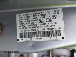 2006 Honda Accord LX SE with VIN 1HGCM55386A161041, listed as a IAAI auction lot 42597974 with 205,240 mi miles and . Bid and sale history available at DreamBid. Image 9.