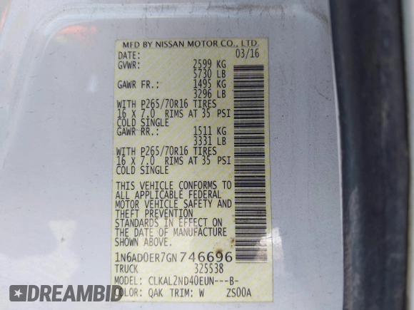 2016 Nissan Frontier SV with VIN 1N6AD0ER7GN746696, listed as a IAAI auction lot 42037559 with 173,485 mi miles and . Bid and sale history available at DreamBid. Image 9.
