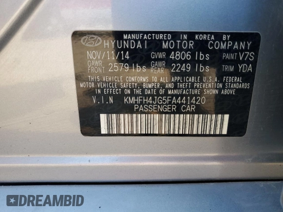 2015 Hyundai Azera Limited with VIN KMHFH4JG5FA441420, listed as a Copart auction lot 62355625 with 134,975 mi miles and Salvage title. Bid and sale history available at DreamBid. Image 12.