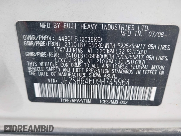 2009 Subaru Forester X Limited с VIN JF2SH64609H745964, выставлен на аукционе IAAI как лот 42198309 с пробегом 244 406 миль миль и . История ставок и продаж доступна на DreamBid. Изображение 9.