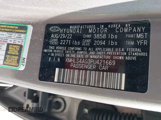 2023 Hyundai Elantra SEL with VIN KMHLS4AG3PU421669, listed as a IAAI auction lot 41278155 with 21,705 mi miles and . Bid and sale history available at DreamBid. Image 9.