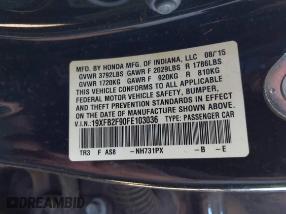 2015 Honda Civic Sedan EX-L with VIN 19XFB2F90FE103036, listed as a IAAI auction lot 41976127 with 1 mi miles. Bid and sale history available at carsss.com. Image 9.