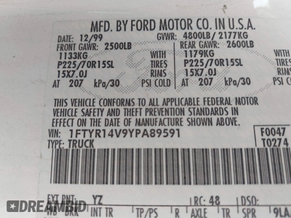 2000 Ford Ranger XL with VIN 1FTYR14V9YPA89591, listed as a IAAI auction lot 42139925 with 63,304 mi miles. Bid and sale history available at carsss.com. Image 9.