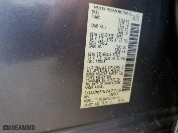 2015 Nissan Murano SV with VIN 5N1AZ2MG5FN247776, listed as a Copart auction lot 85752614 with 134,844 mi miles and Salvage Title. Bid and sale history available at carsss.com. Image 16.