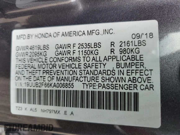 2019 Acura TLX w/A-Spec Pkg with VIN 19UUB2F66KA006855, listed as a Copart auction lot 53539355 with 65,236 mi miles and Salvage Title. Bid and sale history available at carsss.com. Image 13.
