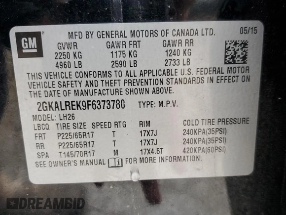 2015 GMC Terrain SLE with VIN 2GKALREK9F6373780, listed as a Copart auction lot 49535055 with 119,737 mi miles and Clean Title. Bid and sale history available at carsss.com. Image 13.