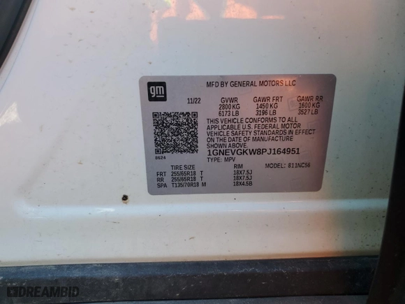 2023 Chevrolet Traverse LT Cloth with VIN 1GNEVGKW8PJ164951, listed as a Copart auction lot 49990805 with 43,618 mi miles and Salvage Title. Bid and sale history available at carsss.com. Image 12.
