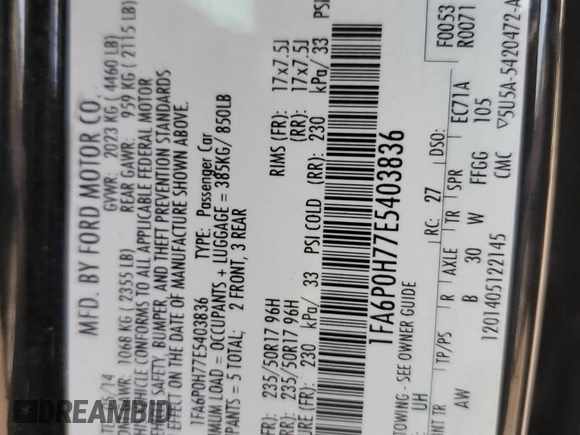2014 Ford Fusion SE with VIN 1FA6P0H77E5403836, listed as a Copart auction lot 43770985 with 128,089 mi miles and Salvage Title. Bid and sale history available at DreamBid. Image 12.