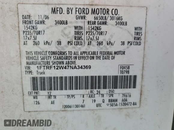2007 Ford F-150 XL with VIN 1FTRF12W47NA34369, listed as a Copart auction lot 63666035 with 154,181 mi miles and Clean title. Bid and sale history available at DreamBid. Image 12.