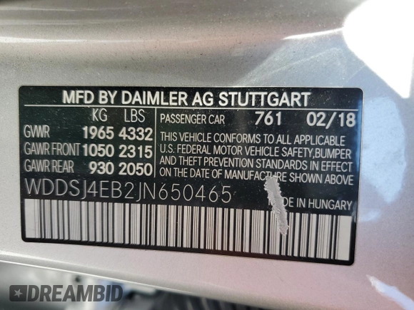 2018 Mercedes-Benz CLA 250 with VIN WDDSJ4EB2JN650465, listed as a Copart auction lot 53834294 with 97,609 mi miles and . Bid and sale history available at DreamBid. Image 13.