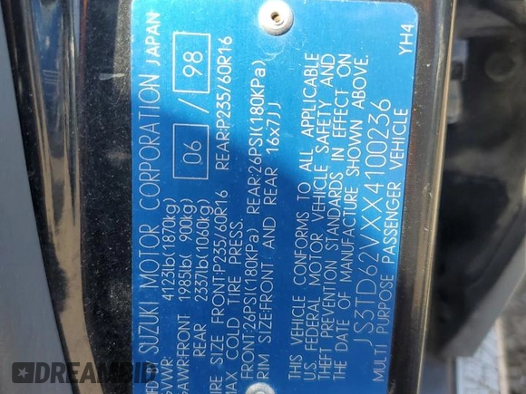 1999 Suzuki Grand Vitara z VIN JS3TD62VXX4100236, wystawiony jako Copart lot #57228075 z przebiegiem Nie podano mil oraz Szkody całkowita. Historia ofert i sprzedaży dostępna na DreamBid. Obrazek 13.