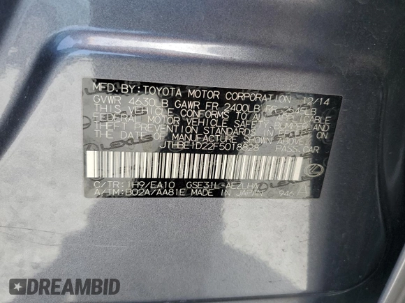 2015 Lexus IS 350 with VIN JTHBE1D22F5018828, listed as a Copart auction lot 57232955 with 139,766 mi miles and Salvage title. Bid and sale history available at DreamBid. Image 13.