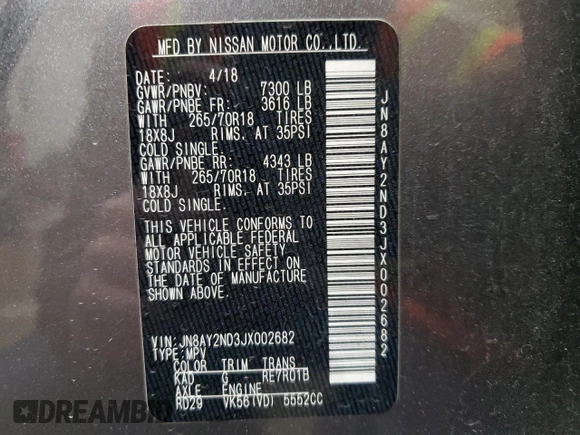 2018 Nissan Armada SL z VIN JN8AY2ND3JX002682, wystawiony jako Copart lot #49782005 z przebiegiem 93 655 mil mil oraz Szkoda całkowita • Salvage title. Historia ofert i sprzedaży dostępna na DreamBid. Obrazek 13.