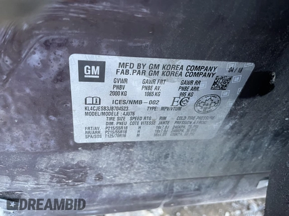 2018 Buick Encore Preferred with VIN KL4CJESB3JB704523, listed as a Copart auction lot 49801165 with 97,767 mi miles and Salvage Title. Bid and sale history available at carsss.com. Image 9.