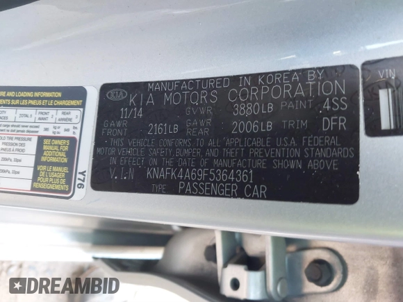 2015 Kia Forte LX with VIN KNAFK4A69F5364361, listed as a IAAI auction lot 41636506 with 1 mi miles. Bid and sale history available at carsss.com. Image 9.