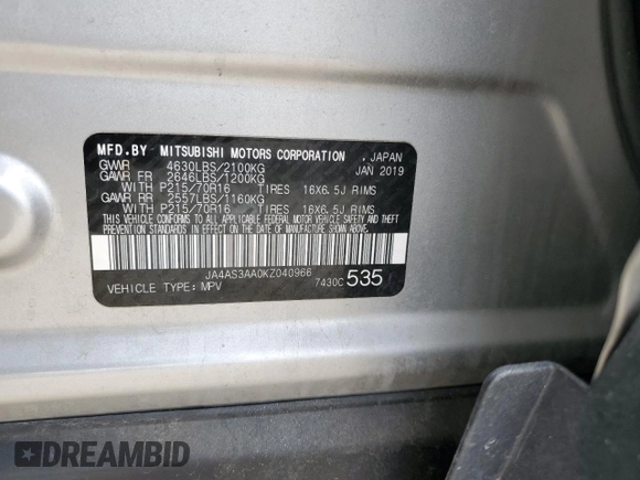 2019 Mitsubishi Eclipse Cross ES z VIN JA4AS3AA0KZ040966, wystawiony jako Copart lot #58783135 z przebiegiem 62 974 mil mil oraz Szkoda całkowita • Salvage title. Historia ofert i sprzedaży dostępna na DreamBid. Obrazek 12.