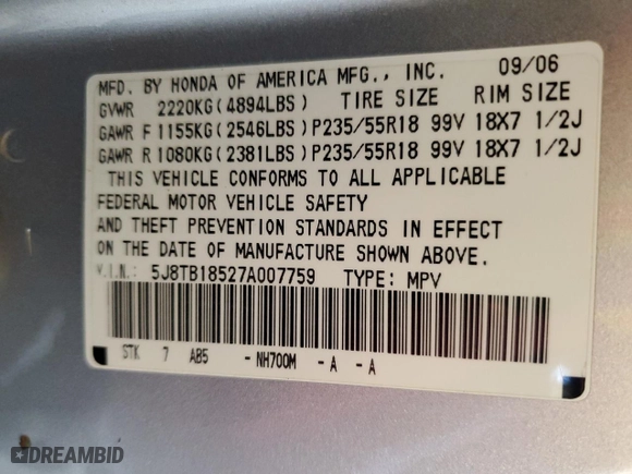 2007 Acura RDX Tech Pkg with VIN 5J8TB18527A007759, listed as a Copart auction lot 50252635 with 98,742 mi miles and Clean Title. Bid and sale history available at carsss.com. Image 12.